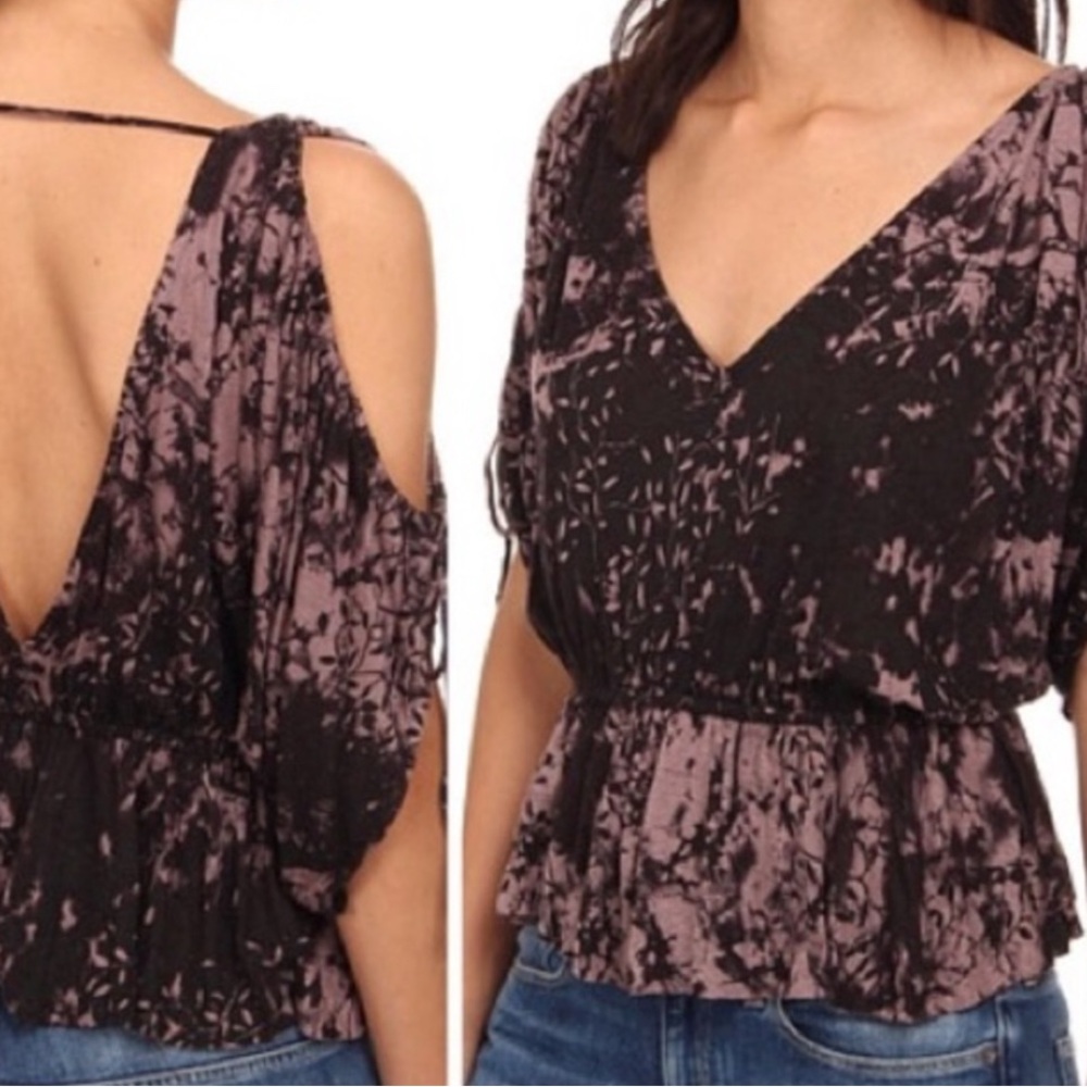 Free People Abracadabra Linen Blend Tie Dye Cold Shoulder Open Back Shirt
